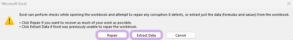 In the pop-up menu, the Repair and Extract Data buttons are highlighted.
