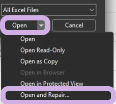 The Open drop-down menu and Open and repair button are highlighted.