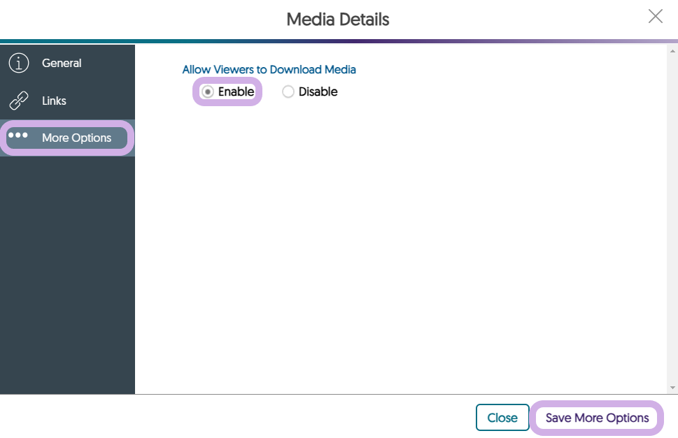 The media details panel with More options selected and Enable option highlighted.