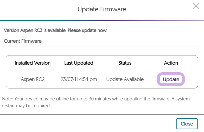Update firmware modal. The update button is highlighted.