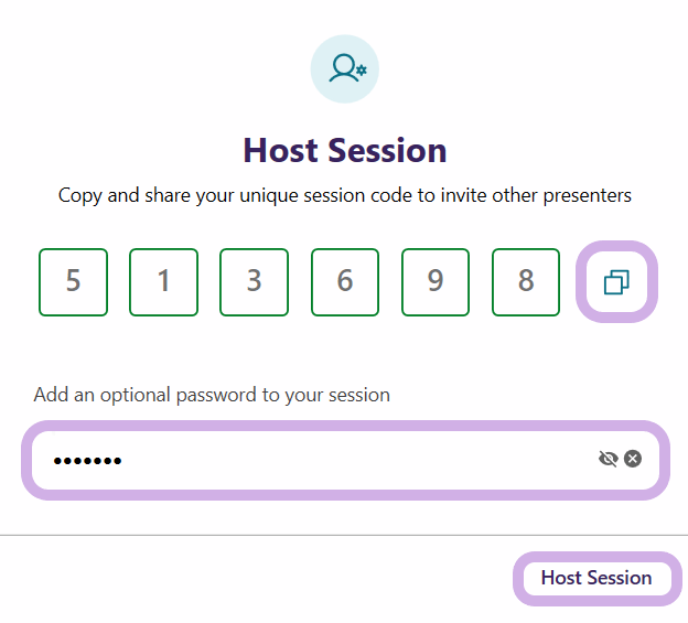 A unqiue session code is shown with the option to enter a password.