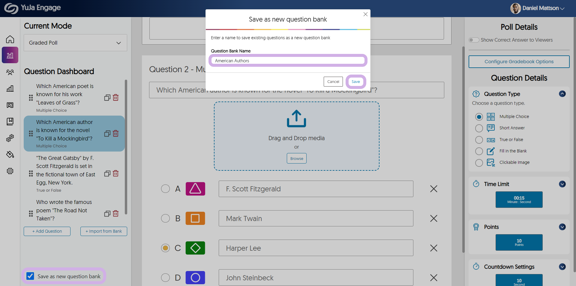 Save as new question bank is check and the modal for naming the question bank is shown.
