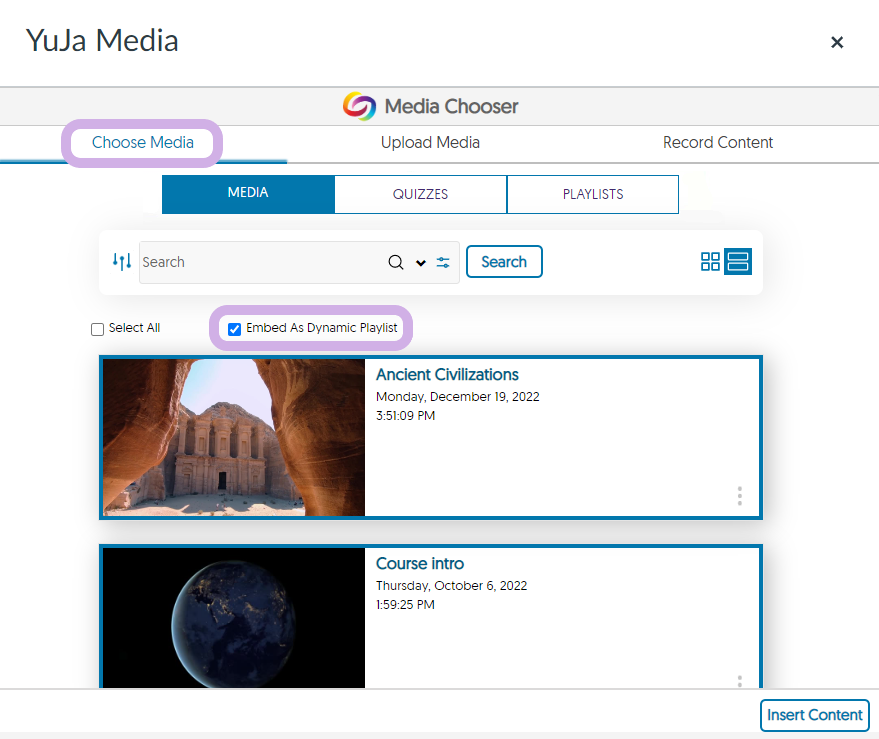 The YuJa Media chooser with Choose media and embed as dynamic playlist highlighted.
