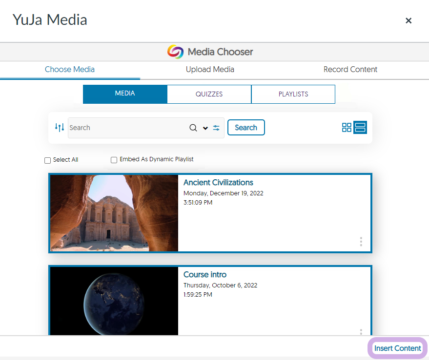 The YuJa Media chooser with insert content highlighted.