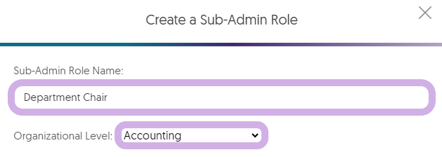 The Create a Sub-Admin Role modal showcasing the sub-admin role name and organizational level.