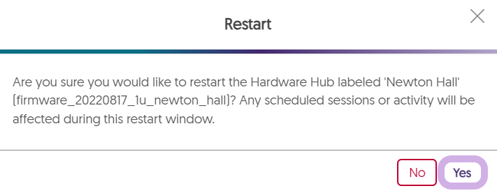 modal to confirm restart of the hardware hub.