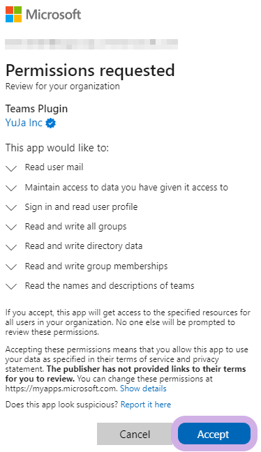 Permission request modal to accept the permissions.