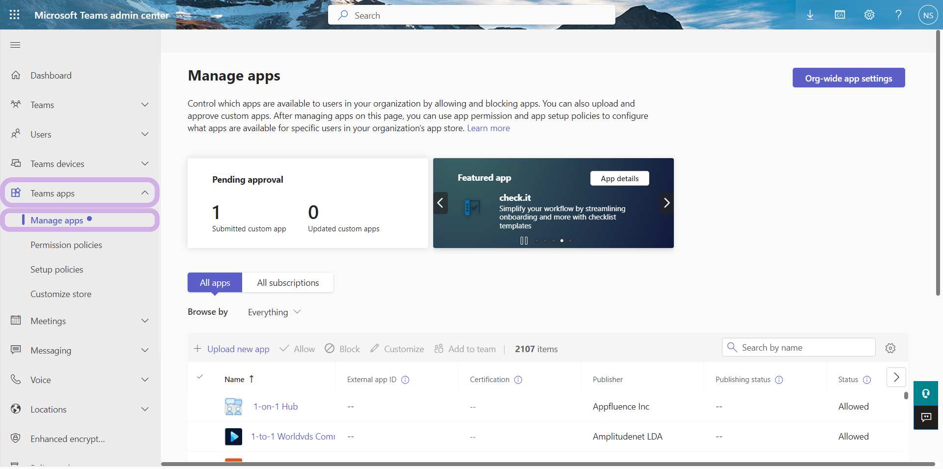 The Microsoft Teams admin center. Manage apps is selected from the left-side menu.