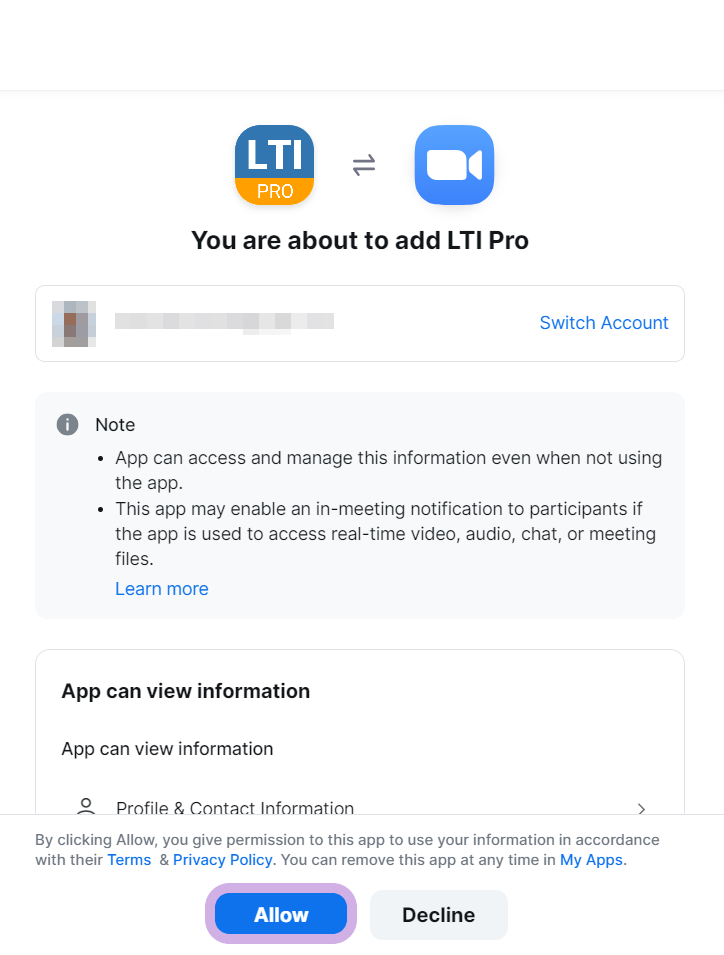 Allowing permissions for the LTI Pro app.