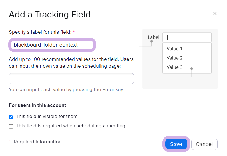 The Add a tracking field modal has a label entered and the save button is highlighted.