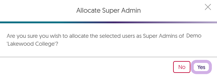 Confirmation modal to confirm the super admin role for the user.