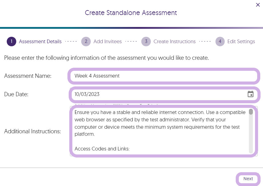 The Assessment Details section for the standalone assessment.