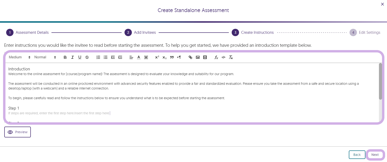 The Create Instructions section for the standalone assessment.