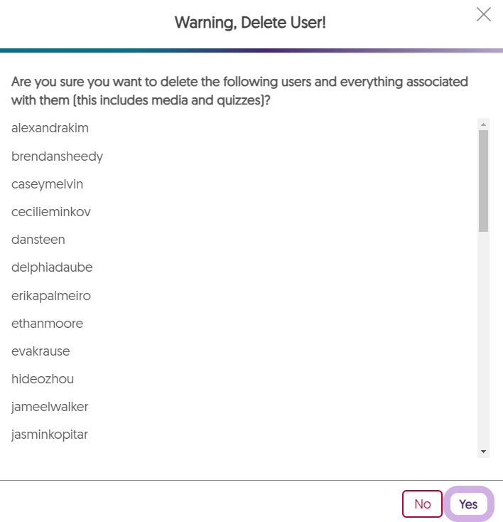 Confirmation message to delete selected users.