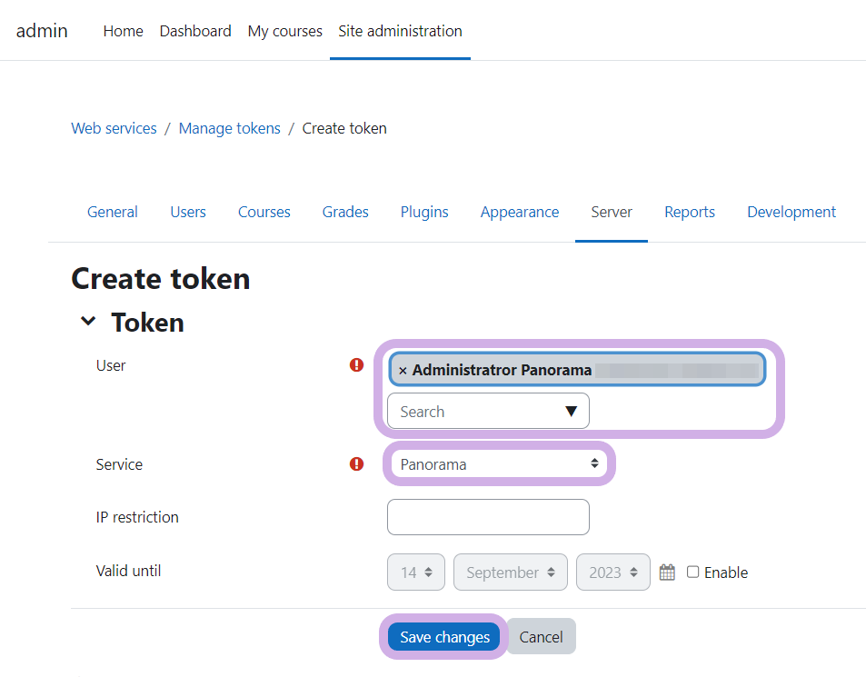 Create token page. User and service is selected. Save changes is highlighted.