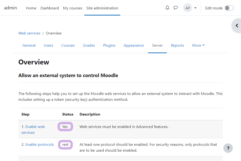 Overview page showing Enable Web services set to Yes and Enable protocols set to rest.