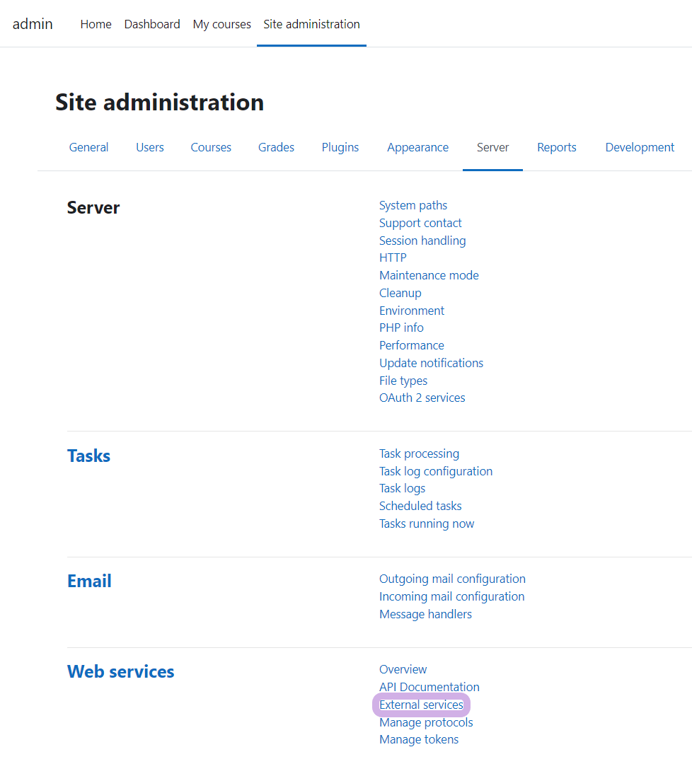 Side administration page. External Services is highlighted.