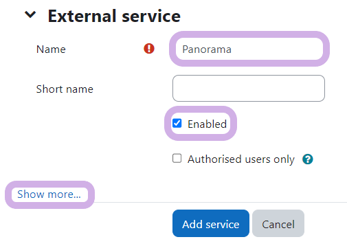 External service page to add Panorama. The enabled option is checked and Show More is highlighted.