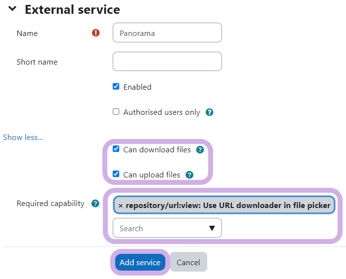 Can download files and can upload files are checked. Required capability is added and the Add Service button is highlighted.