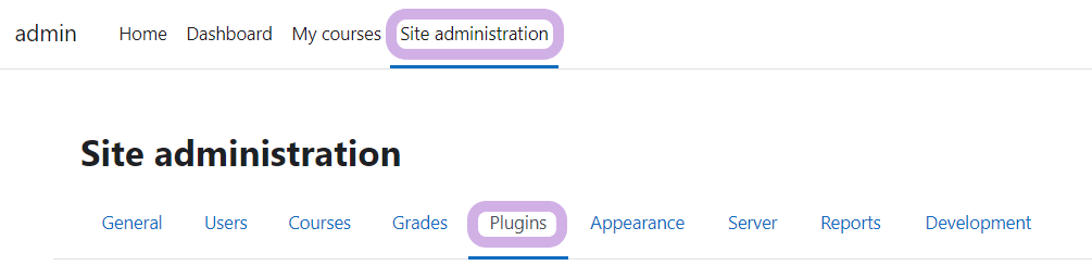 The plugins tab in Site administration.