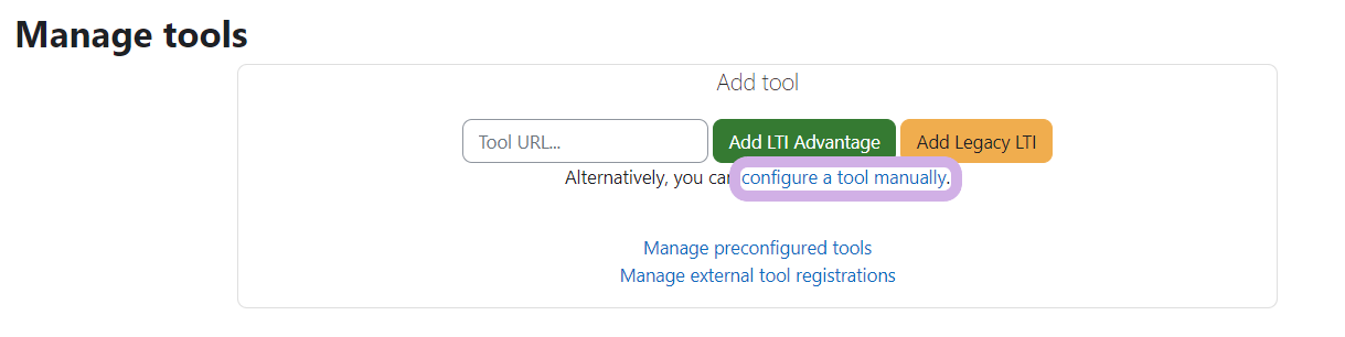 Manage tools page. Configure a tool manually is highlighted.