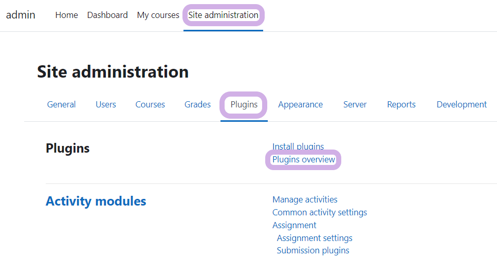 The Site Administration page showing the option for Plugins Overview.