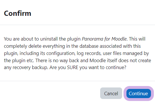 Confirmation modal to uninstall the panorama plugin. Continue is highlighted.