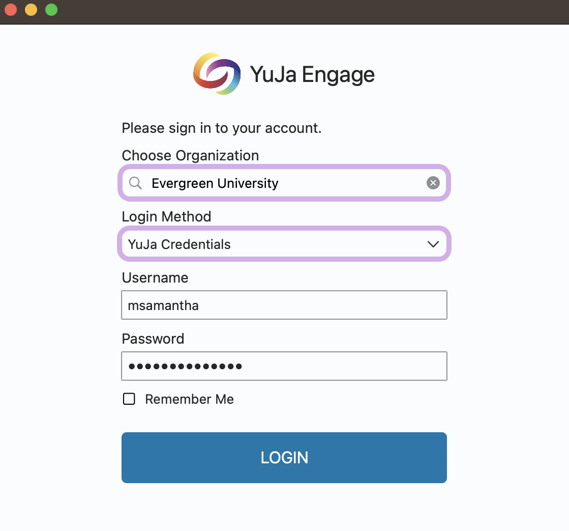 YuJa Engage desktop app login page.