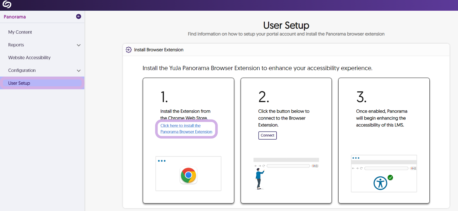 Panorama User Setup page. Step one is highlighted.