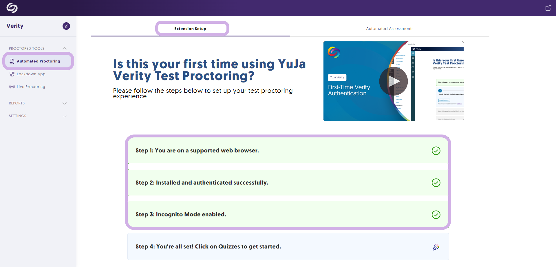 YuJa Verity is open on the Automated Proctoring page, and the Extension Setup and Automated Proctoring tabs are highlighted, along with the first 3 steps required to set up the test-proctoring experience.