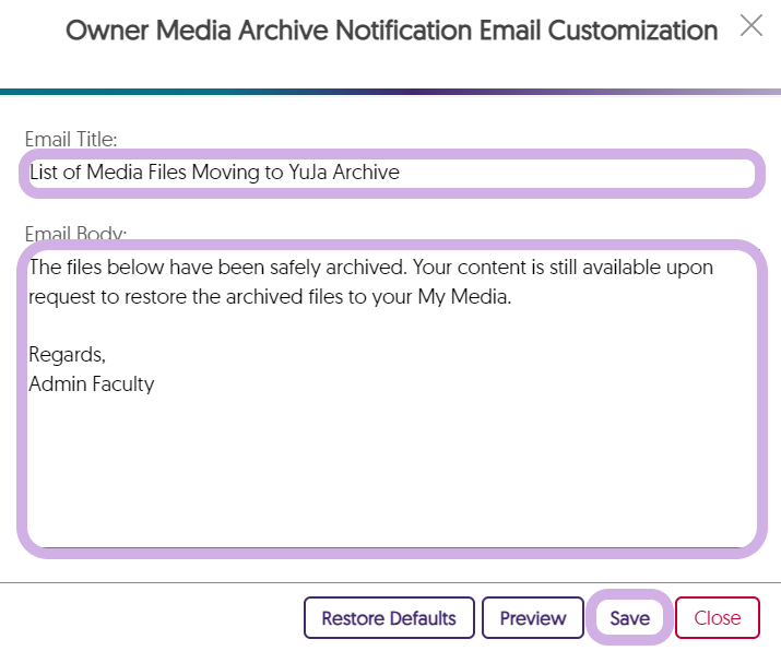 A modal is open showing edit options for the email title and body.