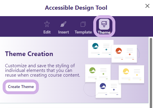 The theme tab and the create theme button are highlighted.