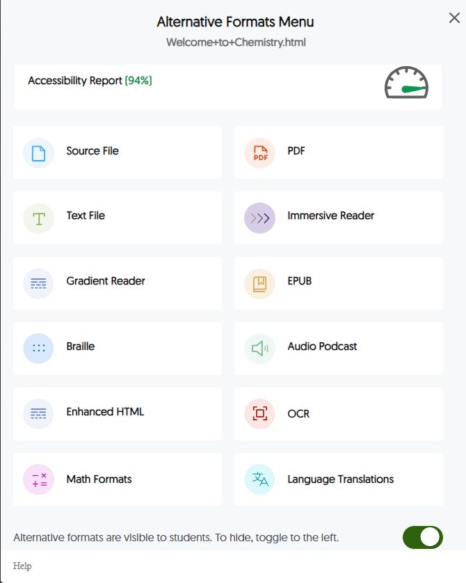 The Alternative Formats menu