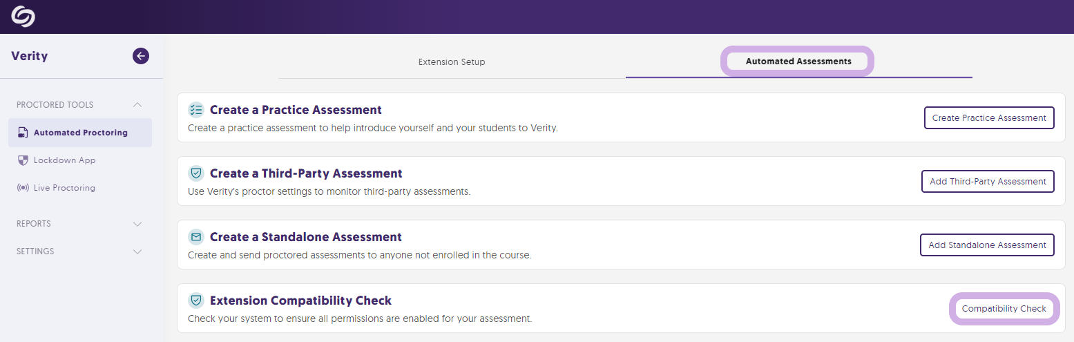 The Atuomated Assessments tab inside the Verity LTI app. The compatibility check button is highlighted.