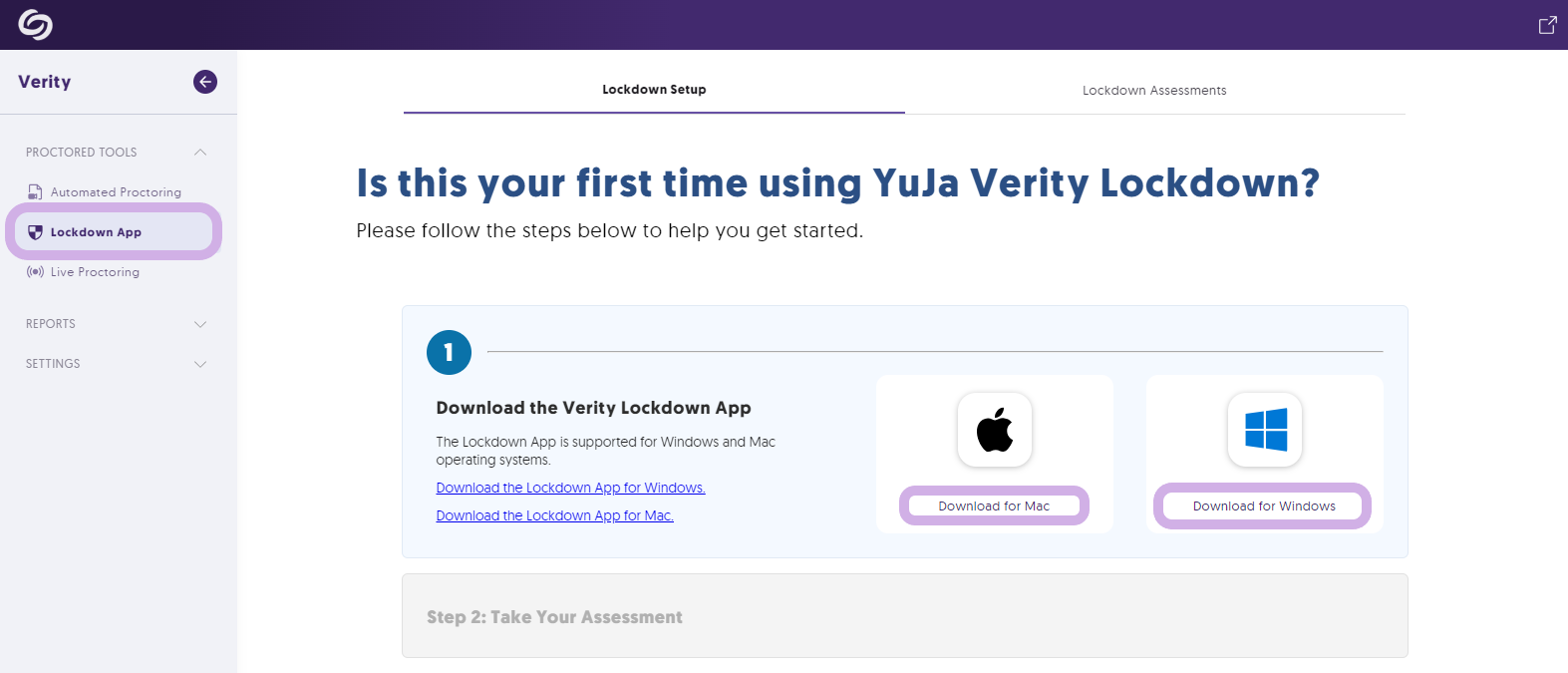 The Lockdown App page for the Verity LTI app with options to download for Mac or Windows.