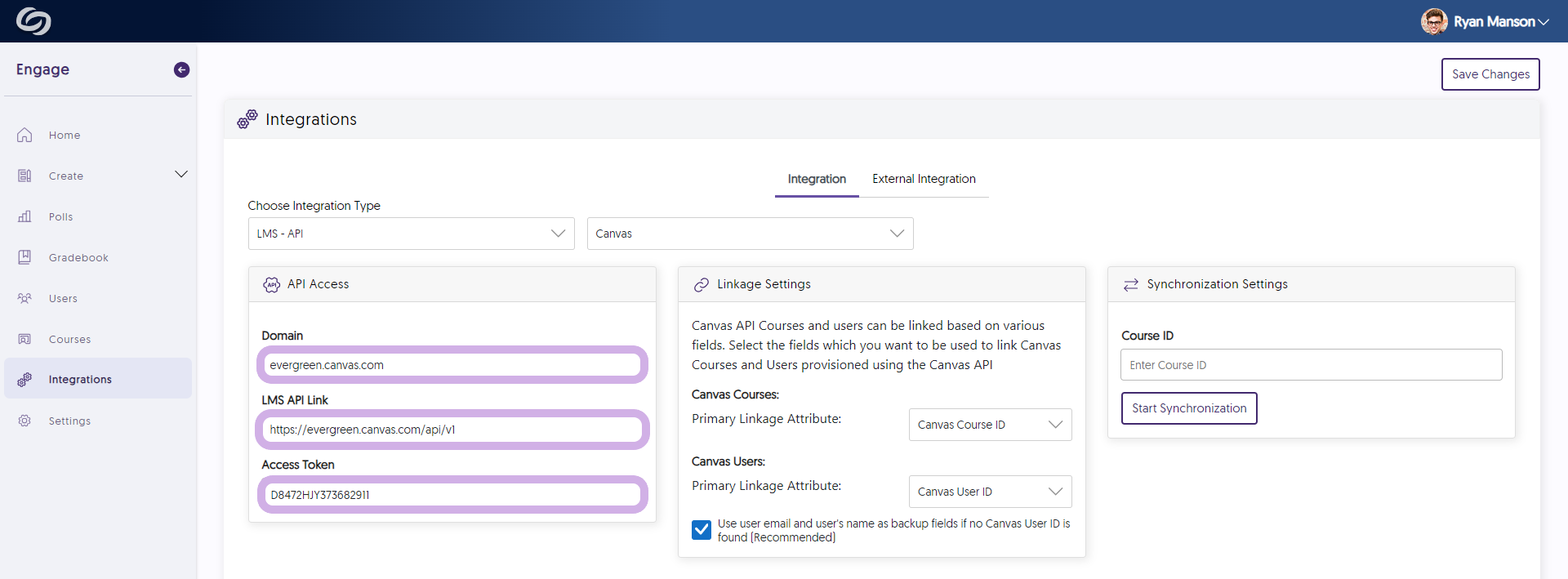 The Engage Integration page for Canvas. The API Access fields are entered.