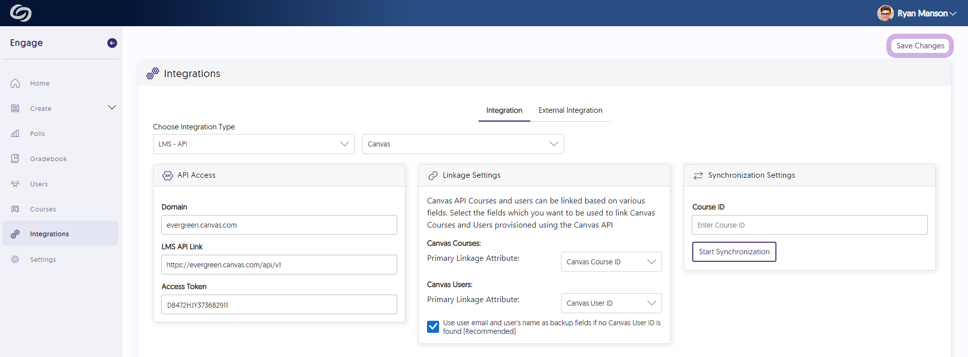 The Engage Integration page for Canvas. The Save button is highlighted.