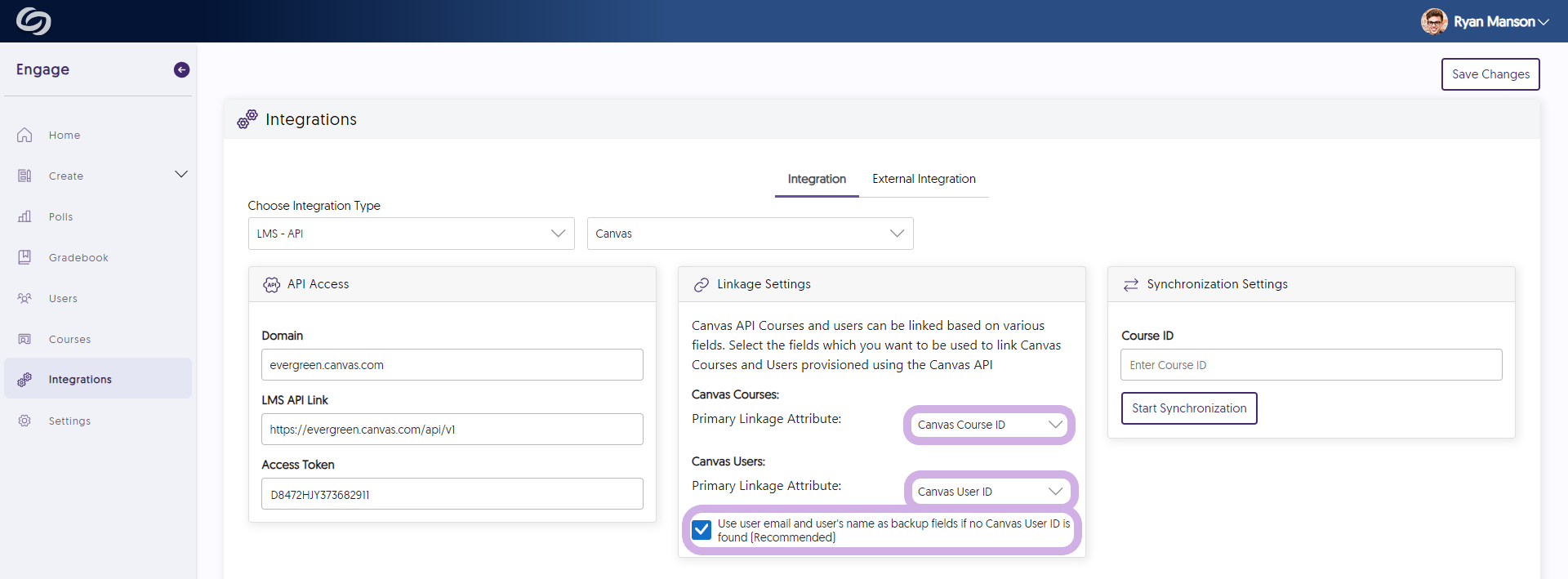 The Engage Integration page for Canvas. The Linkage settings are adjusted.