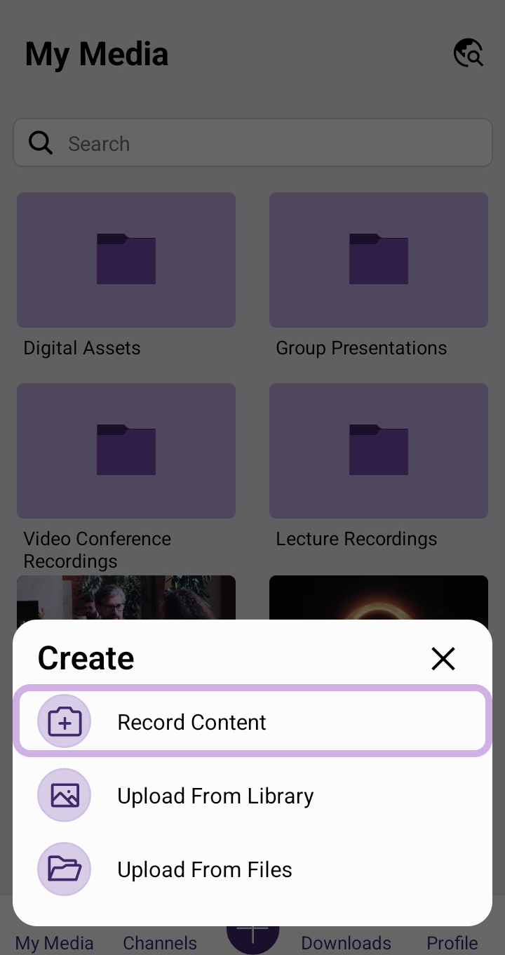 The Create menu. The option to Record Content is highlighted.