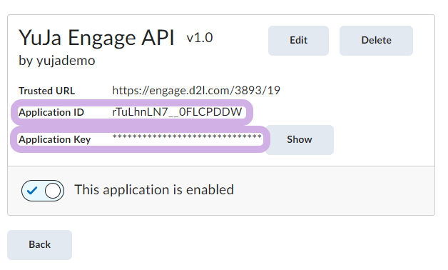 The API Application ID and Key are shown.