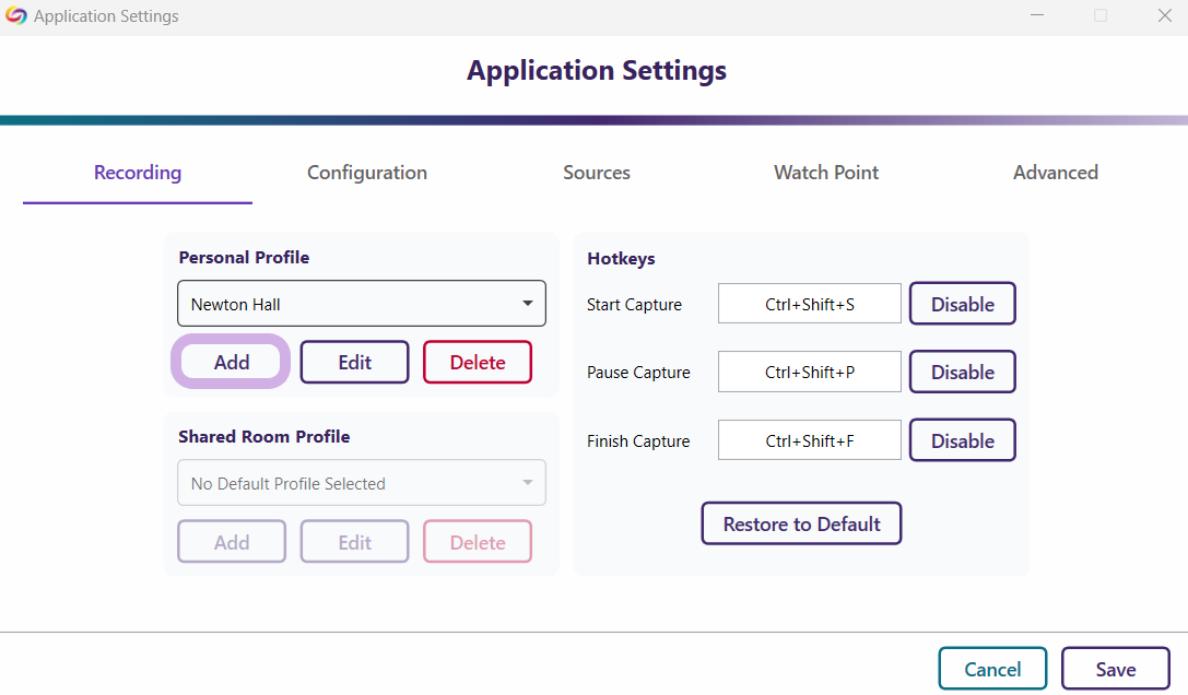 Application Settings window with profiles tab selected and the plus button next to Profile.