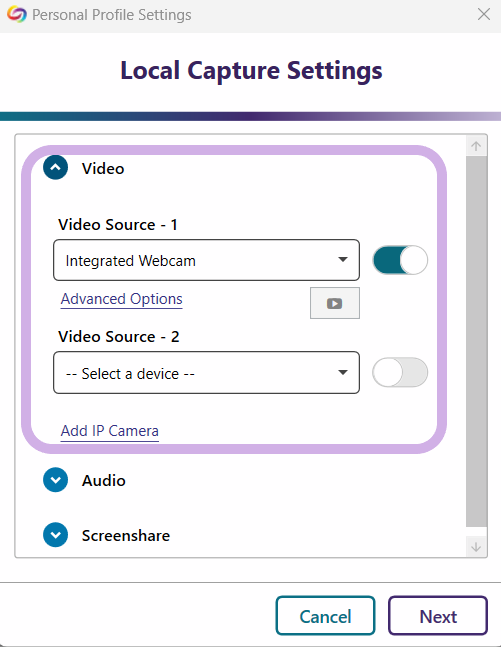 Local Capture Settings window shown with Video highlighted