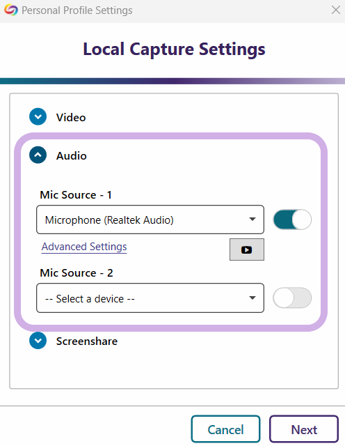 Local Capture Settings showing Audio source being selected