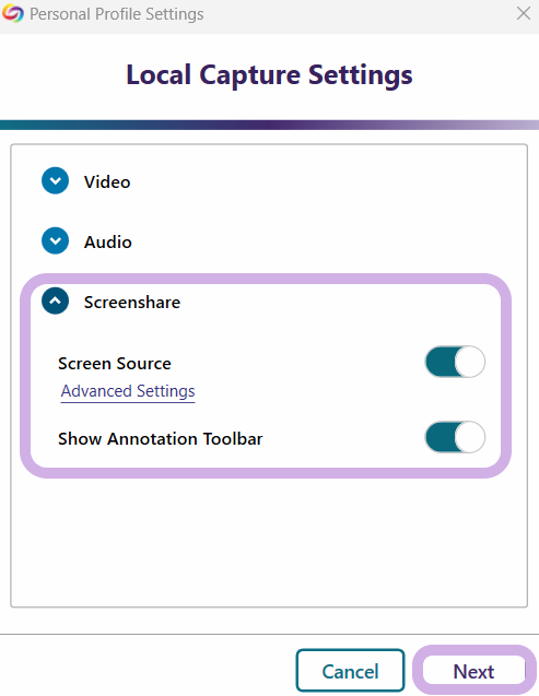 advanced settings for screenshare showing bitrate slider.