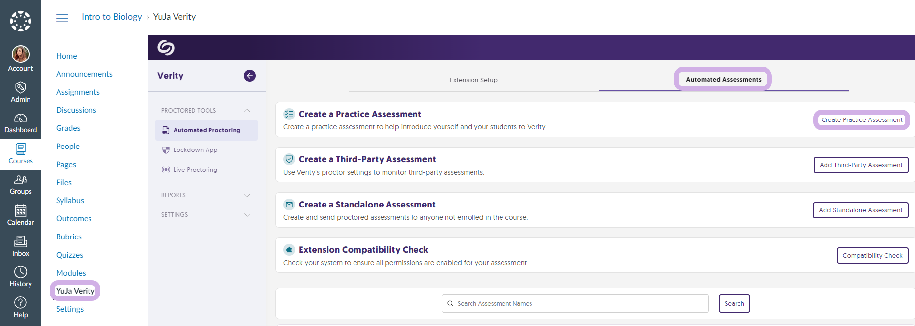 The YuJa Verity link is selected within a course and the Automated Assessments tab is selected.