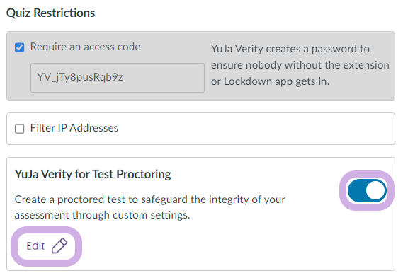 Quiz restrictions menu with Enable YuJa Verity for Test proctoring highlighted.
