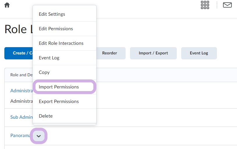 Import Permissions is highlighted for a role.