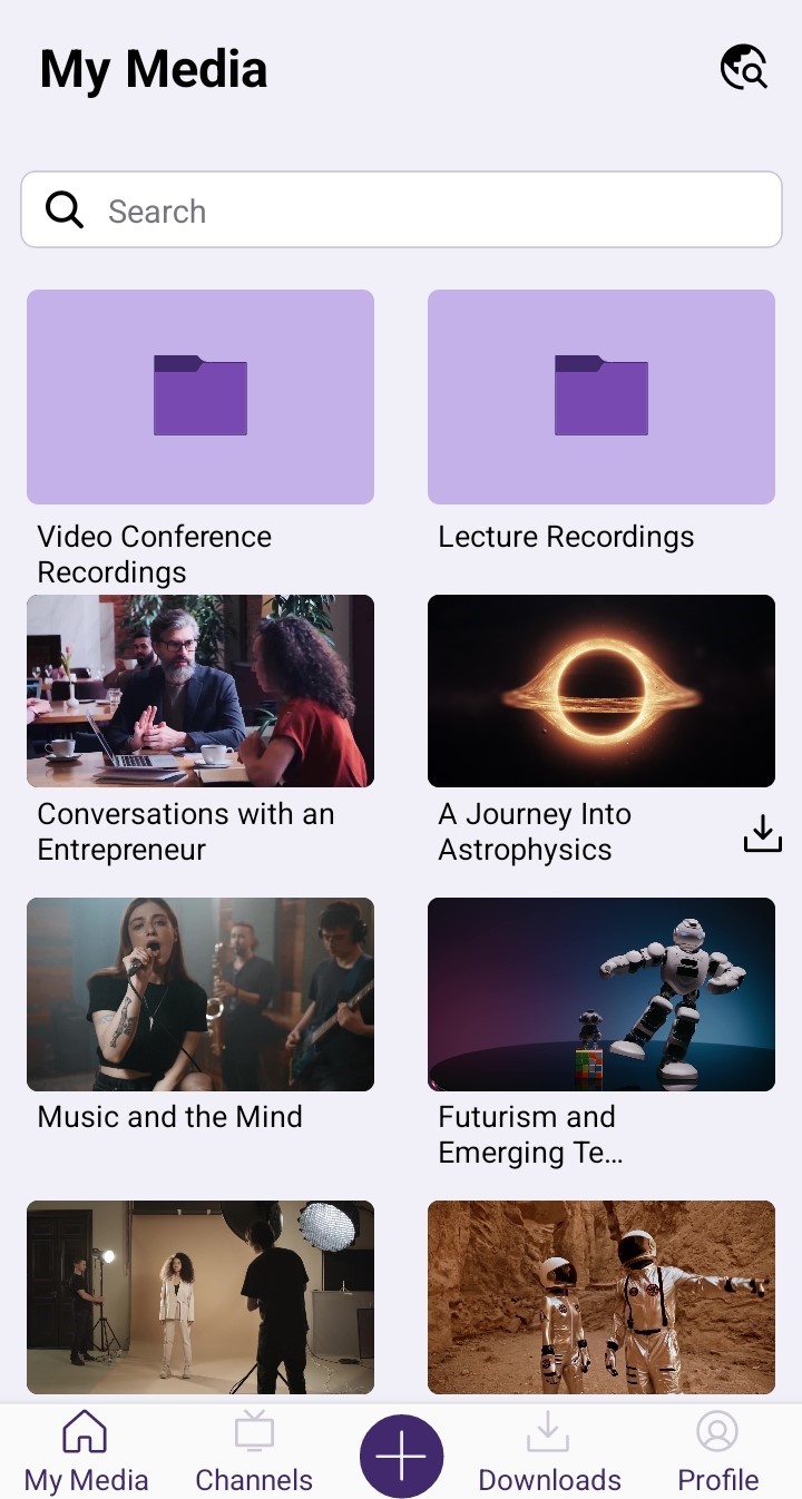 The My Media page showcasing folders and videos with options to navigate to other pages at the bottom.