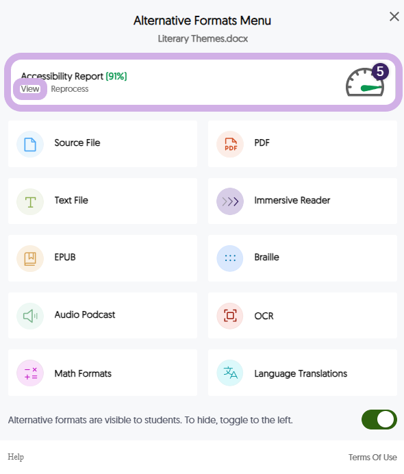 The View button for the Accessibility Report is shown highlighted within the Alternative Formats Menu.