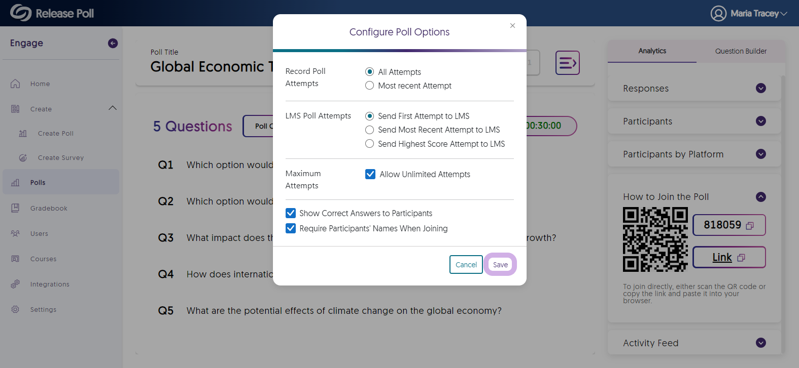 The configure Poll options modal shows options for how attempts should be recorded and sent to the LMS.